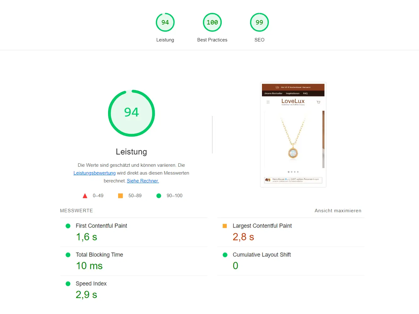 Google PageSpeed Score für Conversfy